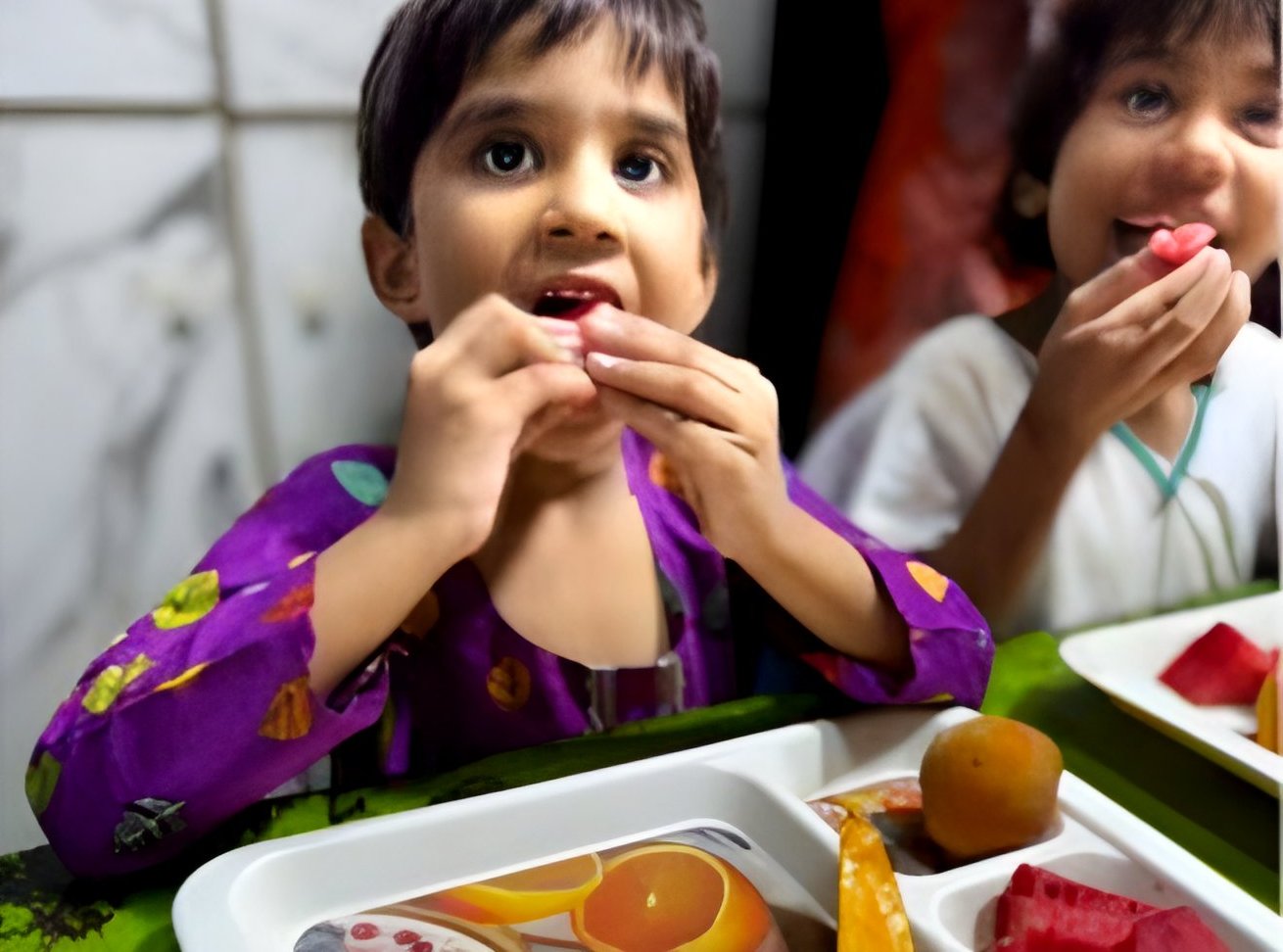 A young girl smiling as she eats a meal at the centre